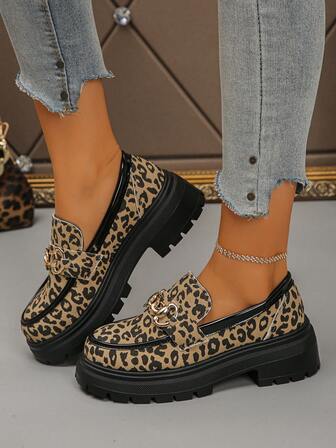 Women's Leopard Print Wedge Heel Casual Slip-On Loafers, Elegant Preppy Style, Pure Metal Fashion Versatile