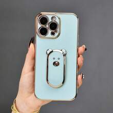 1pc Electroplated Cute Bear Phone Holder, Electroplated Phone Case With Hidden Stand, Shock-Proof Ultra-Thin Protective Cover, Camera Lens Protection, Compatible With IPhone, Redmi Note, Realme, Moto G, Infinix, Spark - Green - View 4