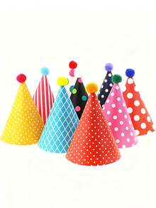 1 Set (11pcs) Birthday Party Cone Hats, Includes Pom Pom Balls, Cute Cake Cone Birthday Paper Hats, Adorable Crowns, Adult Party Hat Assortment, Bridal Wedding Centerpiece Party Hats, Colorful Hats And Crowns With Fluffy Balls, Birthday Party Hats, Party Supplies, Celebration Decorations - Multicolor - View 1