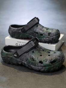 Men's Casual Camouflage Print Slip-On Sandals, Thick EVA Soft Sole Breathable Non-Slip Slouchy Dual-Wear Outdoor Beach Commute Versatile Military Green/Black/Gray Summer Slippers - Black - View 4