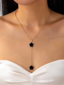 1件装女士四叶草Y形流苏吊坠项链，简约风格，奢华优雅，百搭饰品 - 綠色 - 查看 1