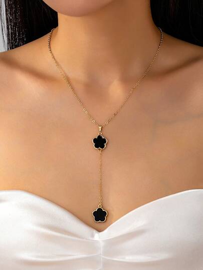 1pc Women's Clover Y-Shaped Tassel Pendant Necklace, Minimalist Style, Luxury, Elegant, Versatile Jewelry