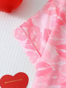 2pcs/Set Comfortable Valentine's Day Lip Print Sleeve Pocket Polo Collar Short Sleeve Top And Bow Shorts Women Pajama Set, Loungewear - 粉色 - 查看 4