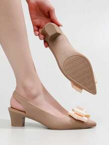 Women's Casual Pointed Toe Bowknot PVC Synthetic Leather Chunky Heel Sandals, Suitable For Spring And Summer - Apricot - View 5