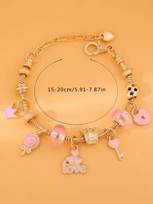 18 cm + 5 cm Bracelet pendentif en acier inoxydable rose à la mode et doux avec des éléments de couronne, sucette, cœur, AMOUR, convient pour un port quotidien, cadeau pour petite amie, Saint-Valentin, Nouvel An - Doré - Voir 3
