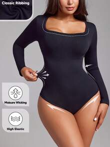 Women's Solid Color Seamless Crew Neck Half Peplum Long Sleeve Bodysuit - Black - View 5