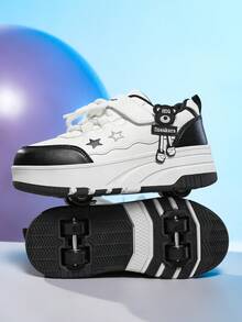 儿童轮滑鞋，四轮可拆卸轮滑鞋，双排轮设计增强稳定性，适合男孩女孩滑板、滑冰、休闲穿着 - 黑與白 - 查看 3