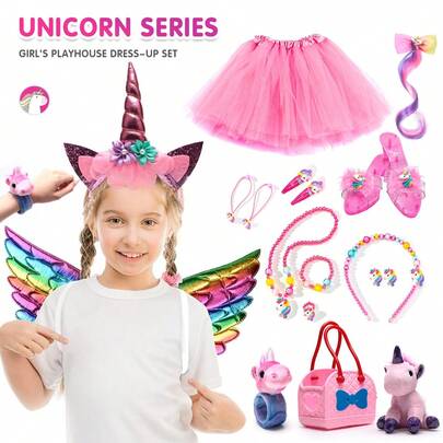 Unicorn Girl Costume Set, Doll Handbag, Colorful Wig, Hair Clips, Princess Dress, Ballet Tutu, Mini Skirt, Princess Outfit, Hair Accessories, Children Role Play Toy Set, Birthday Party Holiday Gift, Christmas Costume Gift