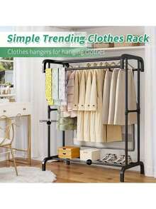 Freestanding Metal Double Rod Clothes Drying Rack, Foldable, Space-Saving Design, No Wheels, Suitable For Bedroom And Balcony - Multicolor - View 4