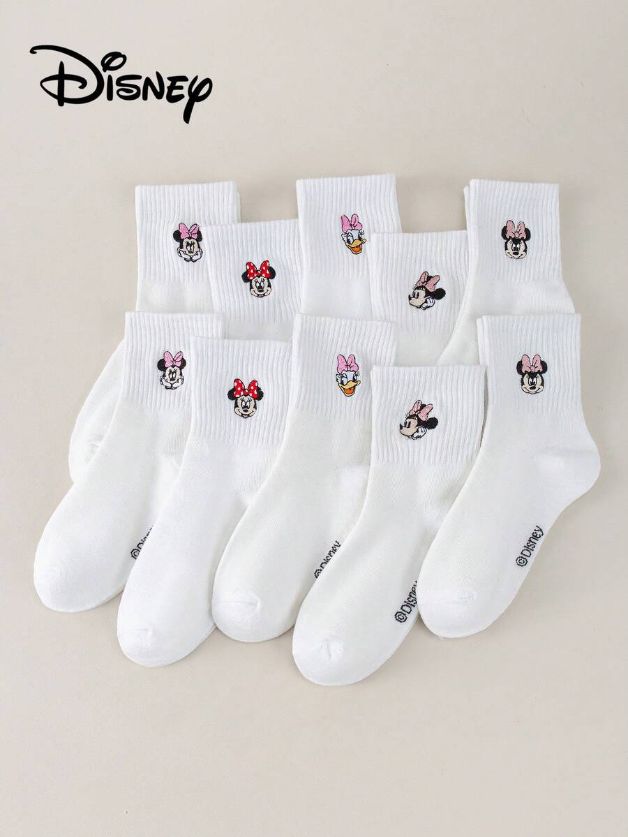 1/5/10 Pairs Disney Mickey, Minnie, Daisy Embroidered Cartoon Leg Warmers Set, White & Black Mid-Calf Leg Warmers, Unisex, Couples, Women, Loose, Tall, Invisible - Black and White - View 1