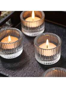 1pc Transparent Glass Candle Holder, Elegant Holiday Tabletop Candle Holder Decor, Transparent Vertical Striped Glass Candle Holder, Candle Base, Candle Stand, Suitable For Daily And Holiday Decoration - Multicolor - View 3