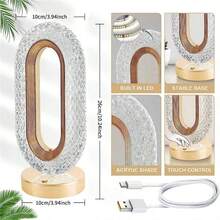 1个LED水晶台灯，三色变换，触控操作，Type-C充电，室内夜灯，适用于床头柜、客厅、卧室、餐桌等场所。