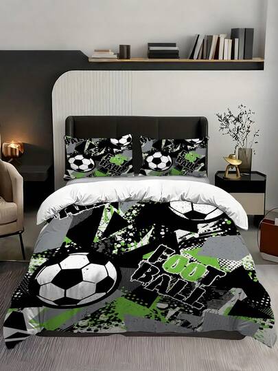 3件套足球主题床上用品套装，足球运动主题被套套装，适合男孩、女孩、青少年，卧室装饰（1个被套+2个枕套，不含被芯）