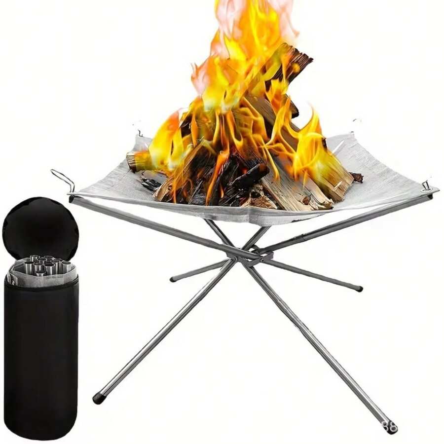 1pc Stainless Steel Folding Campfire Rack, Portable Camping Fire Pit, Suitable For Camping, Hiking, Backpacking, Camping Charcoal Heater, Yard Party, Garden, Backyard Gathering, Portable Camping Stove - Silver - View 1