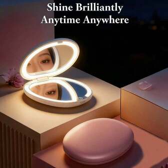 1个便携式LED照明放大化妆镜，1倍/2倍放大倍率，可折叠双面设计，小巧便携带照明，适合家居装饰、浴室、梳妆台、卧室、旅行、宿舍——是送给女性、毕业生的理想礼物。