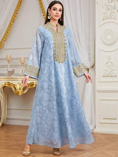 Đầm cổ chữ V thêu mới dành cho nữ, thích hợp cho lễ Eid Al-Fitr ở Trung Đông trong tháng Ramadan, thanh lịch cho kỳ nghỉ lễ Eid Al-Adha.