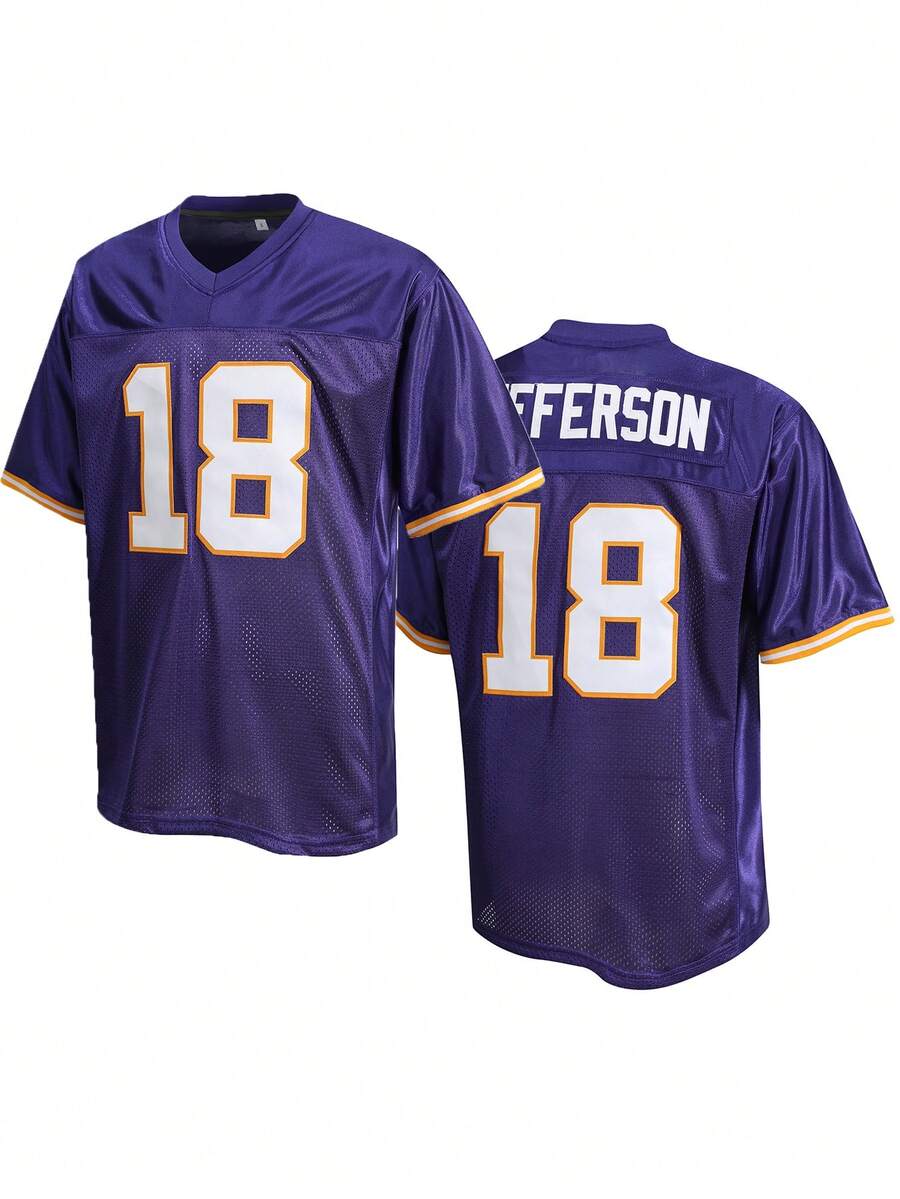 Herren 18 Lila American Football Trikot Lässig Kurzarm Besticktes Gesticktes V-Ausschnitt T-Shirt Party Rugby Sport Oberteil