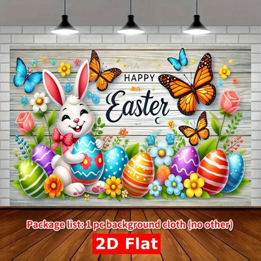 1 pièce Bannière plate 2D pour fête de Pâques avec des designs de lapins et de fleurs vifs, avec des œufs colorés, en tissu de polyester durable, convient pour les célébrations intérieures et extérieures, les toiles de fond photo, le garage, le studio, la décoration de la maison et du jardin - sans alimentation électrique requise, ornement de Pâques, accessoire pour événement de fête, design dynamique, décoration facile à installer, design plat 2D