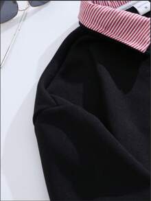 Men's Striped Patchwork Polo Collar Long Sleeve Polo Shirt, Suitable For Spring And Autumn - 黑色 - 查看 5