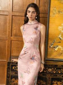 Faeriesty Cheongsam Chinês de Luxo Novo: Vestido Sem Mangas com Fenda Alta e Bordado de Borboleta. Perfeito para Galas, Casamentos & Eventos de Tapete Vermelho. - Rosa chiclete - Visão 4