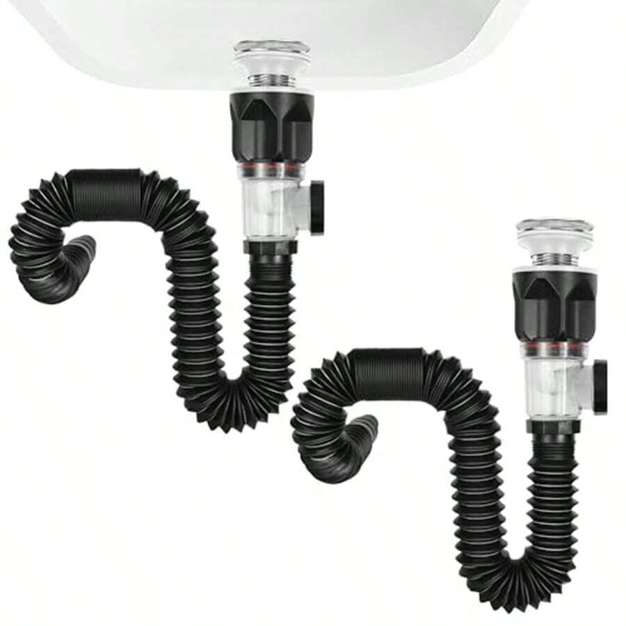 1 Set Stainless Steel Sink Drain, Odor-Proof Sink Drain, Wall-Mounted Horizontal Drain Pipe, Bathroom Accessories - Black - View 1