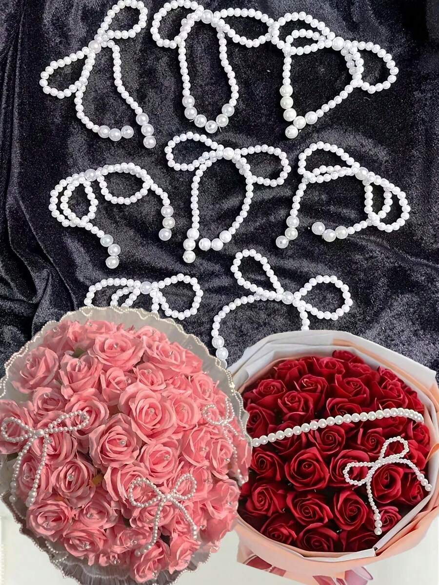 5 Stücke Perlen Schleifen Deko - Perlen Kette Party Zubehör (Weiß), romantische Blumenarrangements für Valentinstag, Hochzeitsstrauß, Tortendekoration, DIY Blumen Basteleien - romantische Dekoration für Valentinstag, Muttertag und Abschlusszeit - Verschiedenfarbig - Übersicht 1