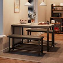 Mesa de comedor de cocina Conjunto para 4, Mesa de cocina con 2 bancos tapizados, Conjunto de comedor de 3 piezas, diseño de ahorro de espacio, perfecto para apartamento, estudio, cocina, fácil montaje - Gris - Ver 5