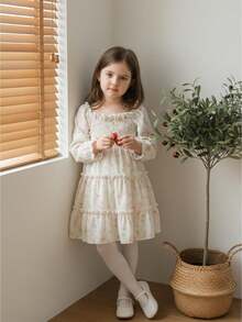 Vestido floral para niña pequeña, manga larga, fruncido, corte A, con volantes escalonados para primavera y otoño - Albaricoque - Ver 1