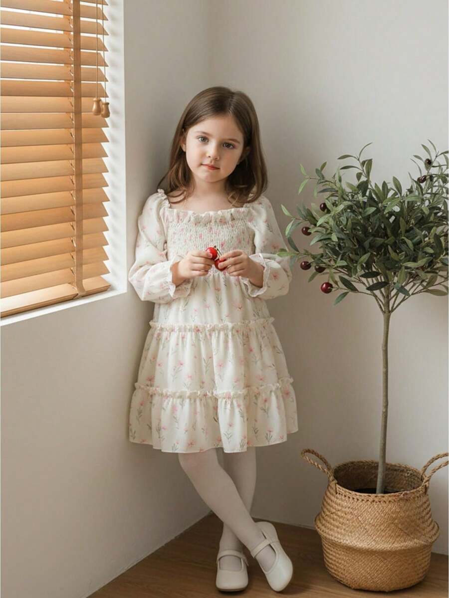 Vestido floral para niña pequeña, manga larga, fruncido, corte A, con volantes escalonados para primavera y otoño - Albaricoque - Ver 1