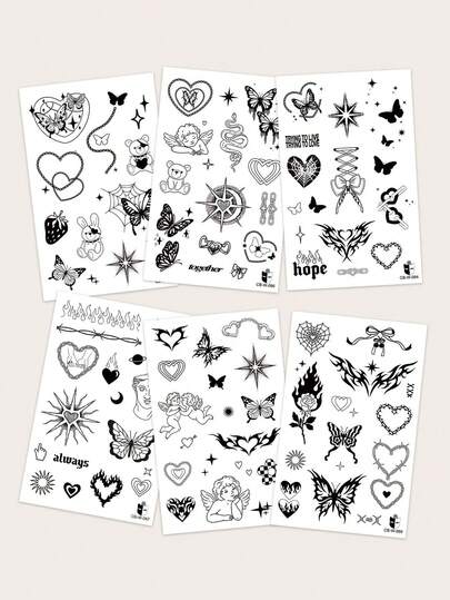 CAT QUEEN ART Set de 6 pegatinas de tatuajes temporales, con diseños oscuros, dulces e incluyendo corazones, mariposas, osos de peluche, ángeles, serpientes, llamas y estrellas - ideal para fiestas de San Valentín. Se pueden aplicar en muñecas, tobillos, hombros, cuellos y clavículas. Hechos con ingredientes naturales de plantas, duran 1-2 semanas, son resistentes al agua y realistas.