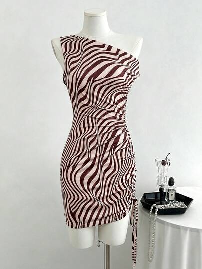 Women's Casual Colorblock Zebra Print Bow Decor Sleeveless Asymmetrical Shoulder Mini Dress, Bodycon Dress