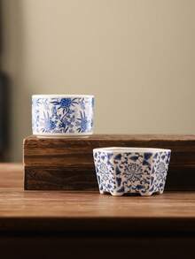 1/6 装蓝白陶瓷多肉植物花盆 - 带排水孔，完美的小型盆景/仙人掌花盆，适用于家居、办公室和花园装饰（不含植物） - 彩色 - 查看 6