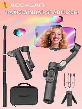 AOCHUAN 专业多功能云台套装，三轴云台稳定器，RGB 补光灯，人脸追踪，精美便携箱，73cm 延长杆，手机支架，适用于手机摄影、旅行和户外视频录制内容创作