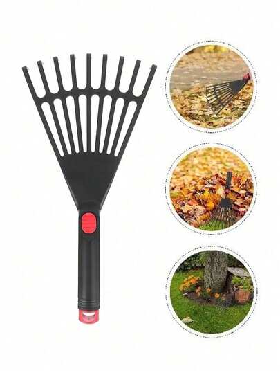 符合人体工学的花园落叶耙，配有舒适握柄，可清理落叶和杂物，适用于庭院和农场的塑料草坪耙