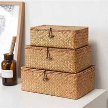3/1pc Woven Basket With Lid, Rectangular Storage Box, Rattan Storage Basket, Toy Organizer Box, Suitable For Room, Hall, Kitchen, Bedroom Decor, Great For Christmas, Eid, Valentine's Day, Mother's Day, Gift Box - Brown - View 5