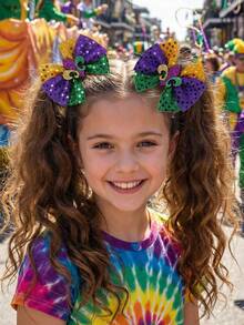 2个闪亮狂欢节发夹，紫色、绿色、黄色，适合女孩，可用于狂欢节庆典、马戏团嘉年华、服装派对等场合，闪亮蝴蝶结鳄鱼夹，青少年嘉年华发饰 - 彩色 - 查看 2