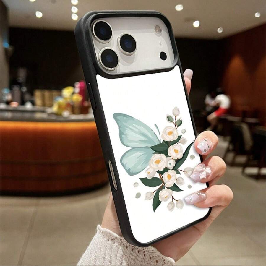 High-Quality Macaron Acrylic Magnetic Phone Case,Butterfly Garden Bliss A  White Floral Arrangement Magnetic Charging Phonecase Handy Case, Handy Cover For  11 12 13 14 15 16 17 17 Air 17 Pro 17 Pro Max Shock Resistant Protective Case - Rosa - Ver 1