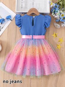 [Não é jeans] Vestido casual infantil de cor sólida com efeito jeans, mangas bufantes, fechamento por botões, gola redonda, detalhe em tule contrastante, cintura com cordão, ideal para uso diário, em casa, ao ar livre e para praticar esportes no verão. - Multicolorido - Ver 2