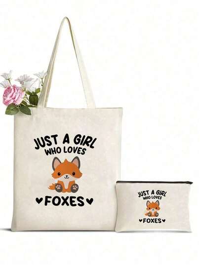 Juego de bolsa de maquillaje y bolso de tela con diseño de zorro, bolsa de maquillaje con lindo patrón de zorro, bolso de tela impreso con "Solo una chica que ama a los zorros", bolsa de aseo portátil, bolsa de cosméticos de viaje, regalo ideal para amantes de los zorros, niñas y mujeres, perfecto para el Ramadán, Eid, San Valentín, Navidad o Acción de Gracias