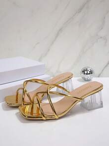 新款加大码女式方头镂空交叉绑带舒适简约水晶粗跟凉拖鞋，休闲时尚户外度假沙滩夏季鞋 - 金色 - 查看 6