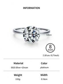 1枚925纯银奢华闪亮圆形立方氧化锆戒指，可选1克拉、2克拉或3克拉，女士结婚订婚礼物，新娘首饰