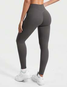 VOYJOY Leggings For Women Hidden Scrunch High Waisted Yoga Pants V Cross Tummy Control Craze Compression Workout - 深灰色 - 查看 1