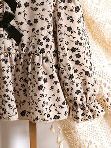 女童雪纺印花两件套，圆领长袖蝴蝶结腰部荷叶边下摆上衣和阔腿裤 - 杏色 - 查看 7