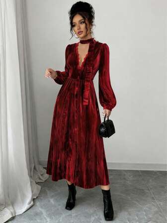 Plus Size Women's French Lace Trim Deep V-Neck Ruched Textured Velvet Party Dress, Suitable For New Year, Valentine's Day