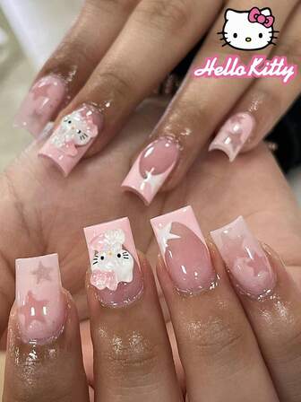  24 יחידות ציפורניים מלאכותיות מרובעות קצרות HelloKitty ורודות צרפתיות Sanrio ציפורניים מחודדות כוכב חמודות סגסוגת כרום אקריליק ג'ל ציפורניים לחץ על ציפורניים אמנות ציפורניים ציוד ציפורניים סט ציפורניים (מצורף: חתיכת ג'ל ג'ל ופצירה) מתאים לנשים של דייטים יומיומיים במסיבה