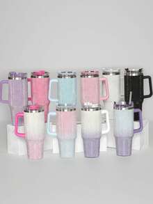1 pièce, grande capacité de 1200 ml, tasse de voiture ornée de cristaux, flasque isolée dégradé scintillant avec paille, tasse isolée antidérapante, cadeau mode multicolore pour femmes. - Multicolore - Voir 1