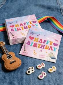 48pcs 13"X13" Party Disposable Napkins, Sweet Elements Design With Gradient Pink & Blue Background, Colorful "HAPPY BIRTHDAY" Letter Pattern And Musical Instruments, Suitable For Music Birthday Party, Girly Gathering, Spring Family Celebration - Multicolor - View 3