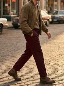 Men's Vintage Tweed Regular Fit Pants, Versatile Dress Slacks For Formal & Casual Occasions - 酒紅色 - 查看 2