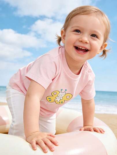 Balabala 2025 Summer Cute Baby Girl Cartoon Print Round Neck Short Sleeve Casual Top