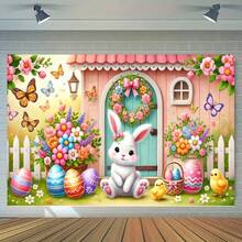 2D平面横幅，单件装，色彩鲜艳的复活节兔子和彩蛋派对横幅 - 100% 涤纶，多色设计，春日场景，非常适合室内外庆祝活动、影棚背景、复活节庆祝活动装饰 | 充满奇思妙想的复活节主题 | 高级节日横幅，兔子主题配件